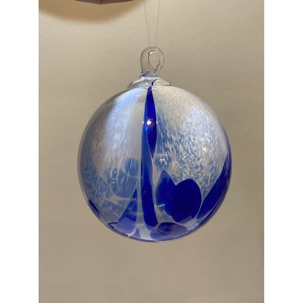 Dream Catcher Orb West Virginia ART GLASS BALL Blue White Hand Blown Glass Decor